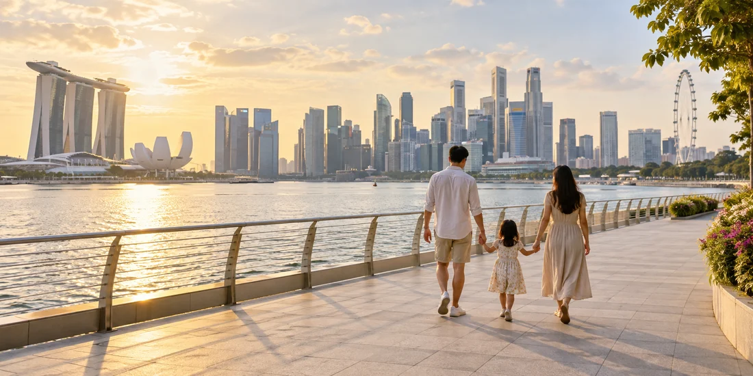 Illustrative family walking along a waterfront; not a company event